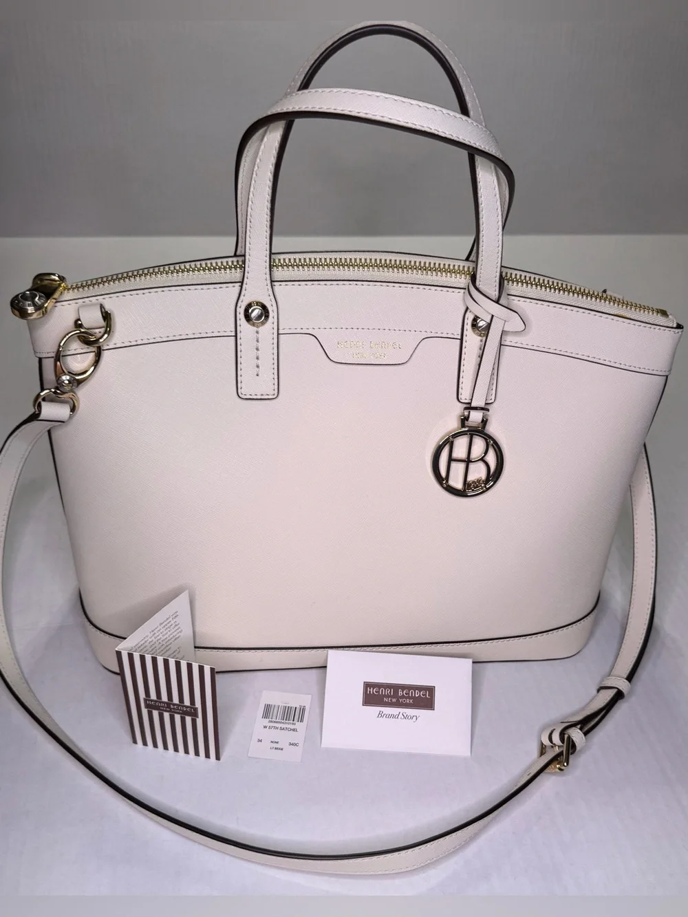 Henri Bendel West 57th Large Ivory Saffiano Leather Satchel Crossbody With Strap
